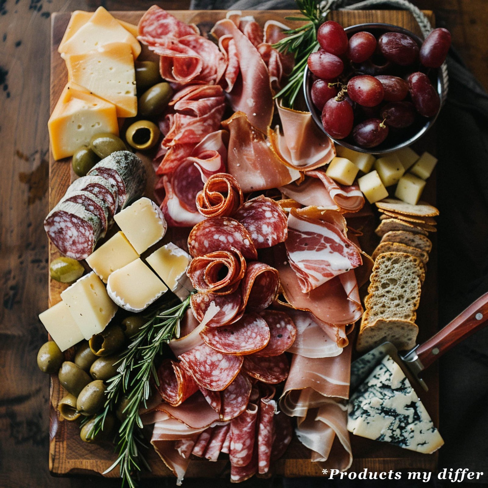 Appetizer board with cheese, nuts, fruits, toasts and charcuteri